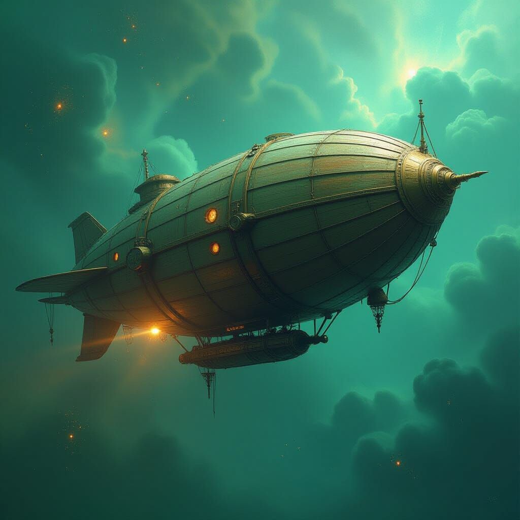Ancient Airship Drifting Through Emerald Nebula