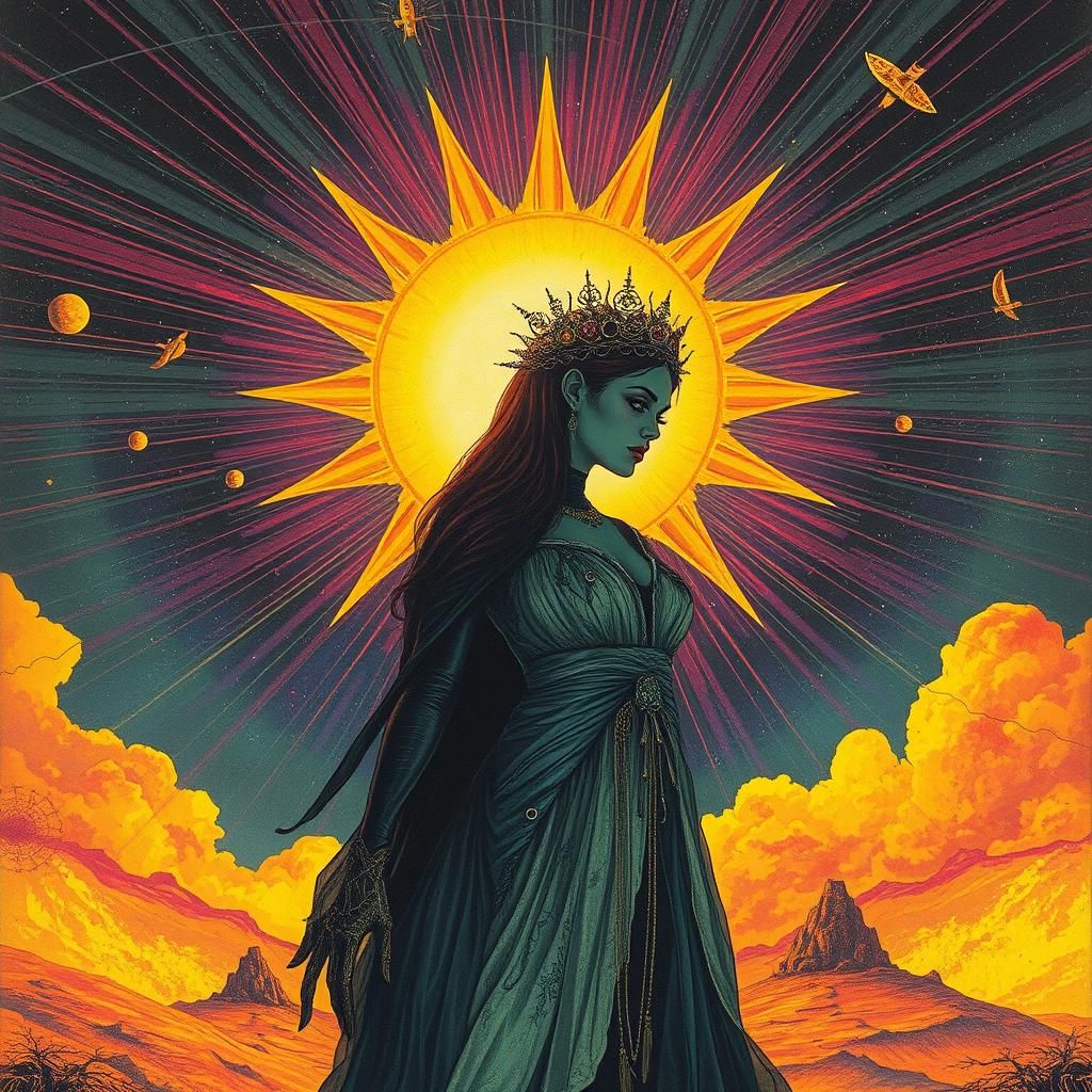 Solar Goth Bride in Post-Apocalyptic Astral Illustration