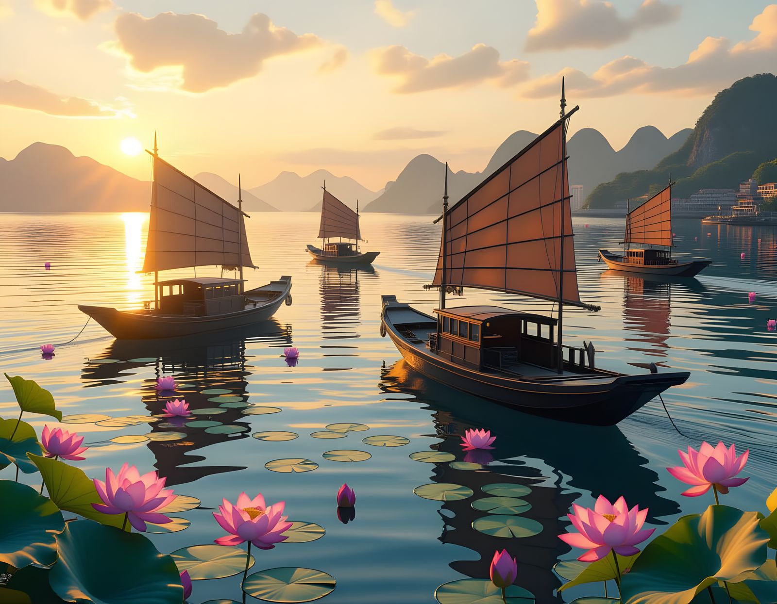 Realistic Asian Boats and Lotus Blossoms on Chinese Sea