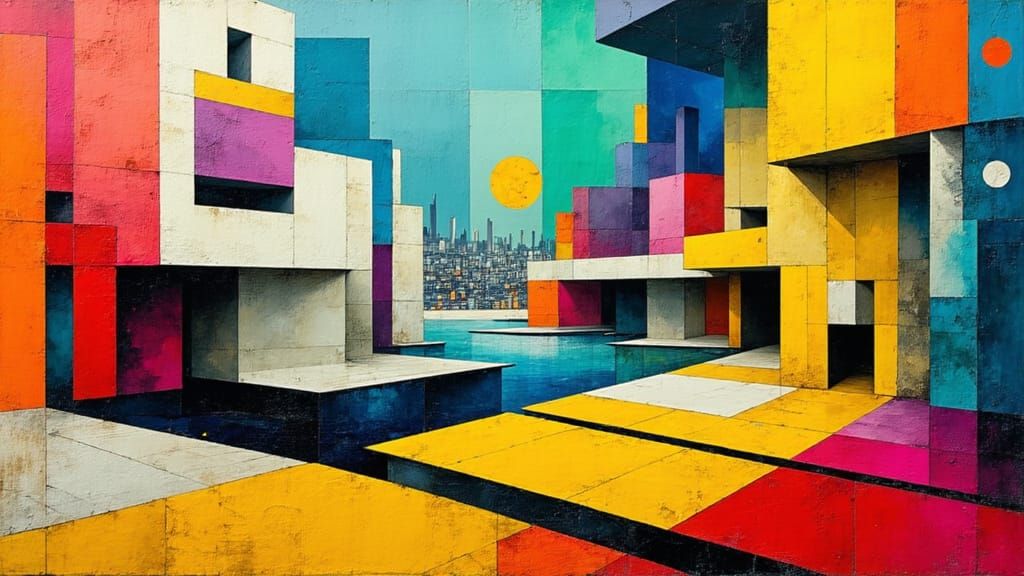 Dynamic Cityscape in Vibrant Geometric Style