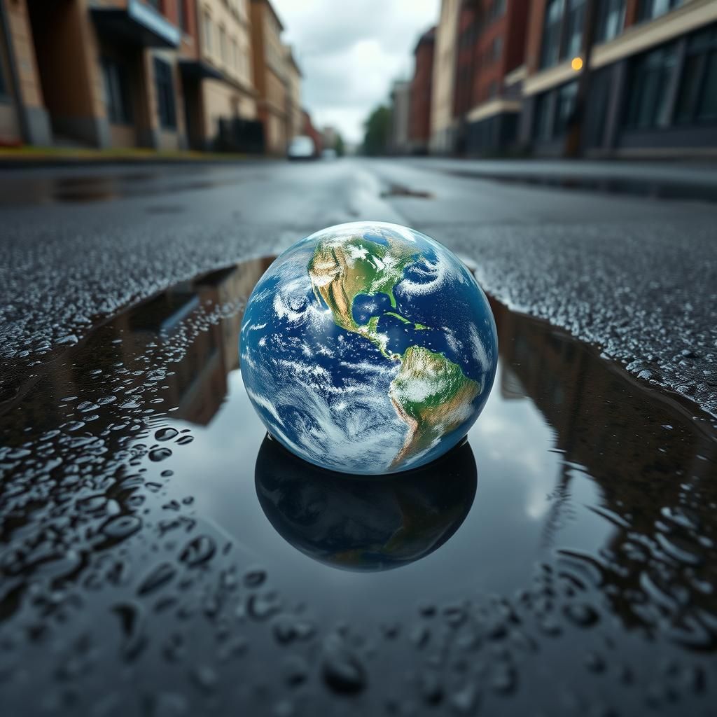 Earth's Reflection Mirrored in Rain Puddle: HDR Photo