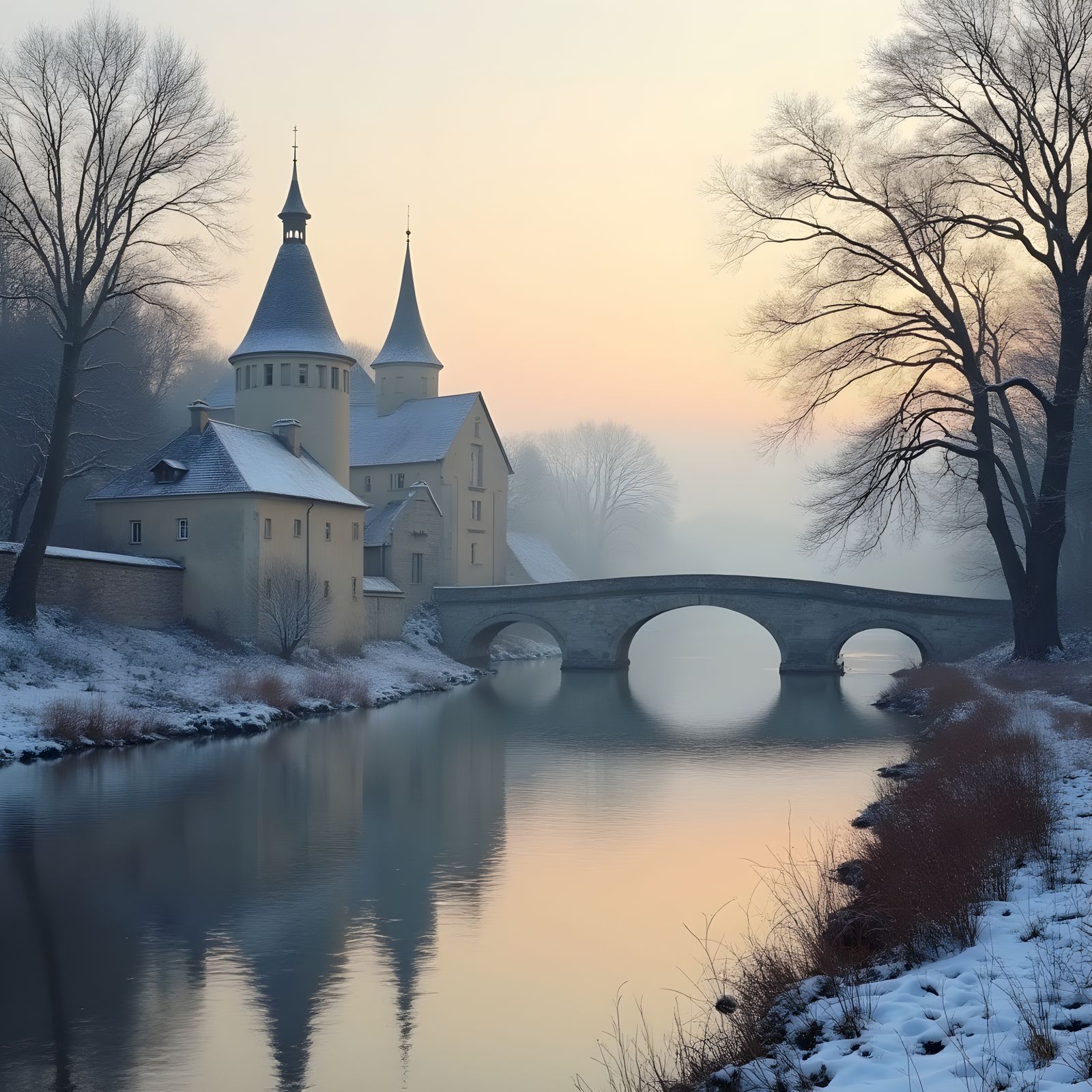 Winter River Village in France at Dawn