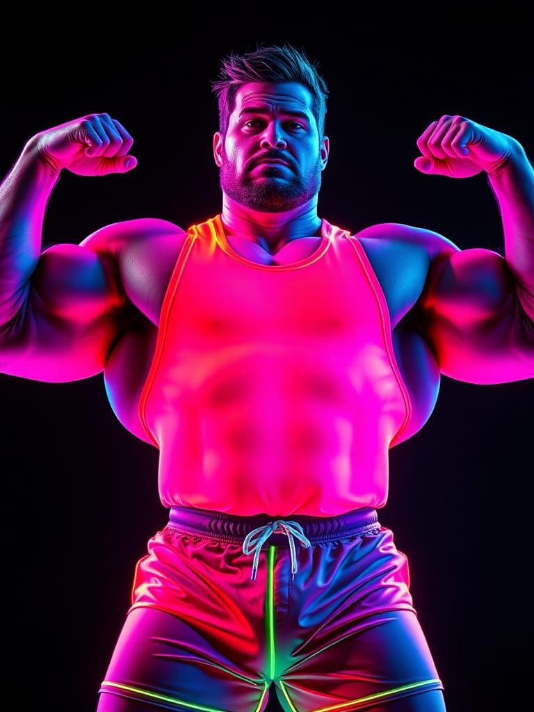 Hypercolor Bodybuilder Flexing Under Blacklight, 1980s Style