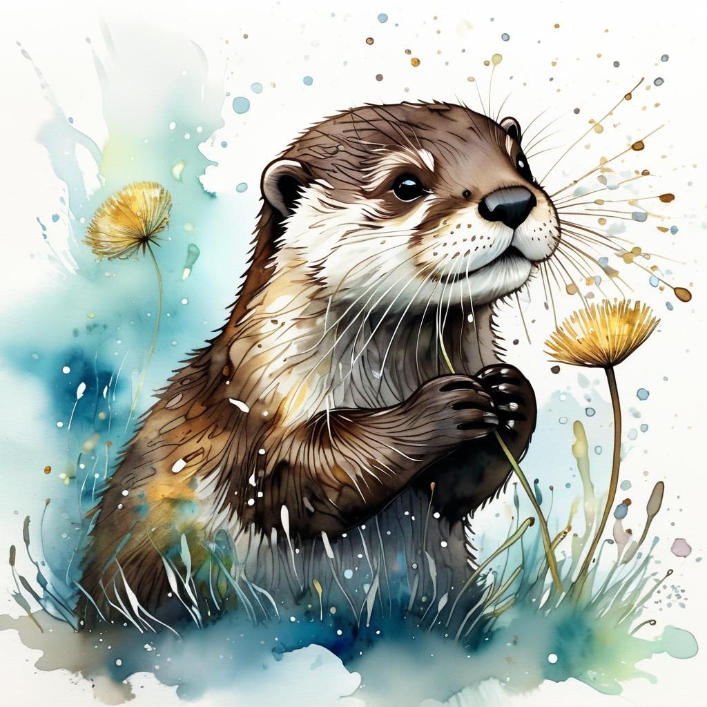 Chibi Otter Blowing Dandelion Seeds in Watercolor