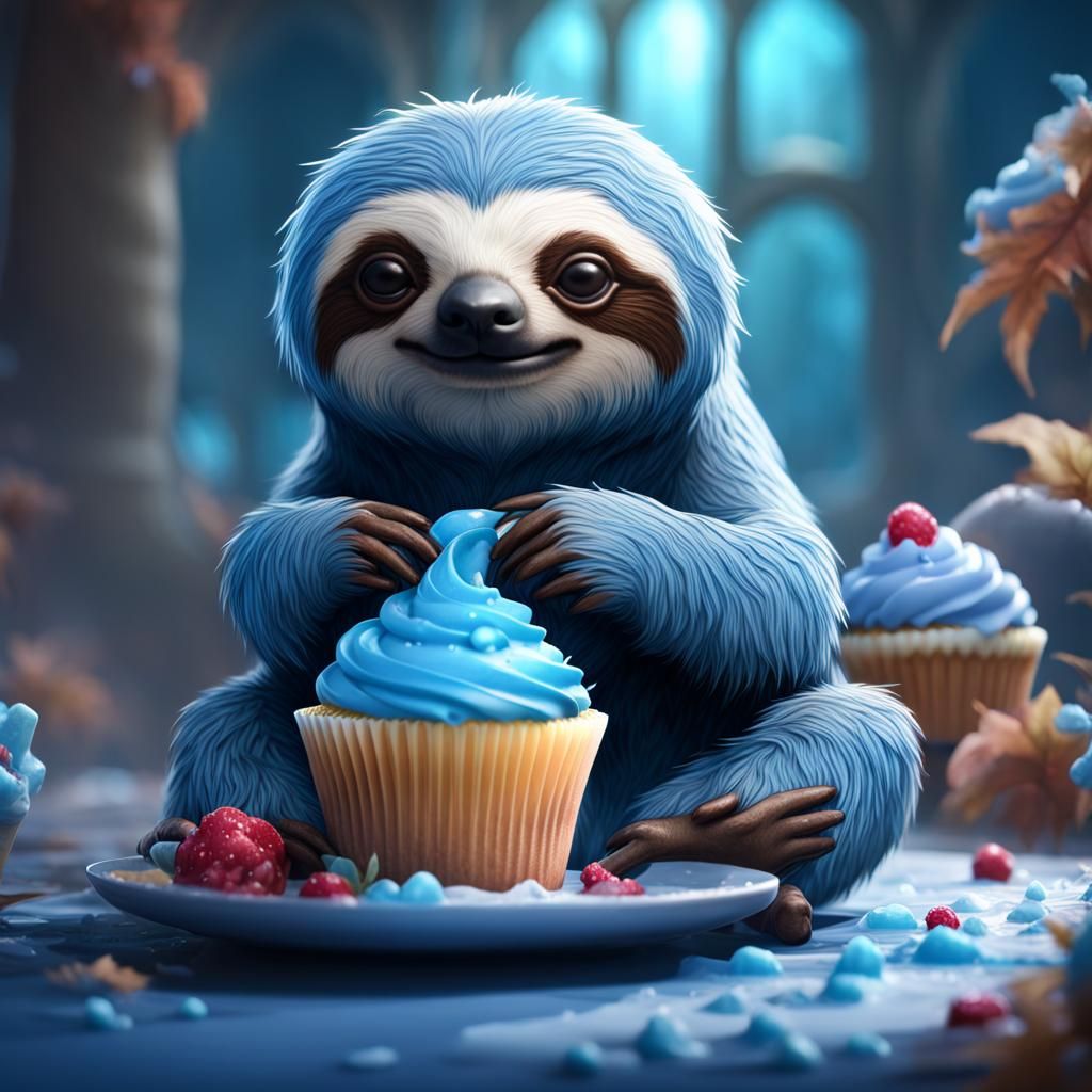 Blue Sloth Enjoys Cupcake: Detailed Fantasy Art