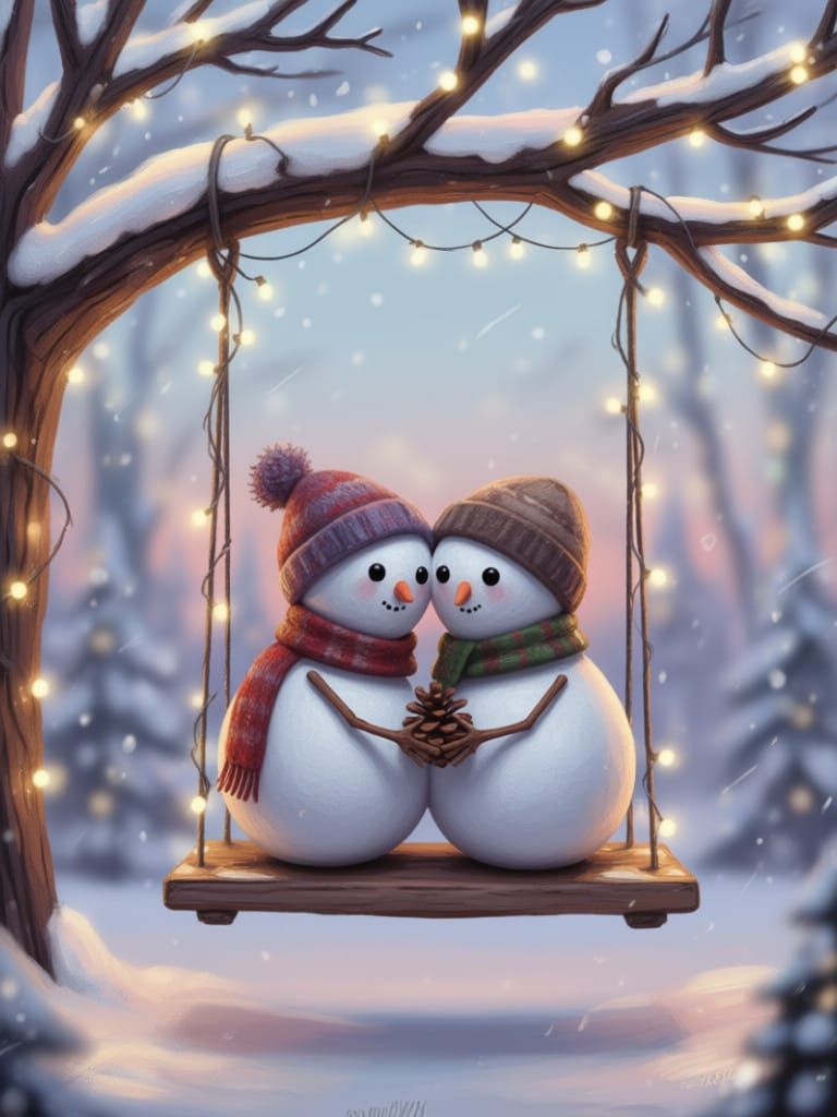 Romantic Snow Couple on Swing, Whimsical Impasto Art