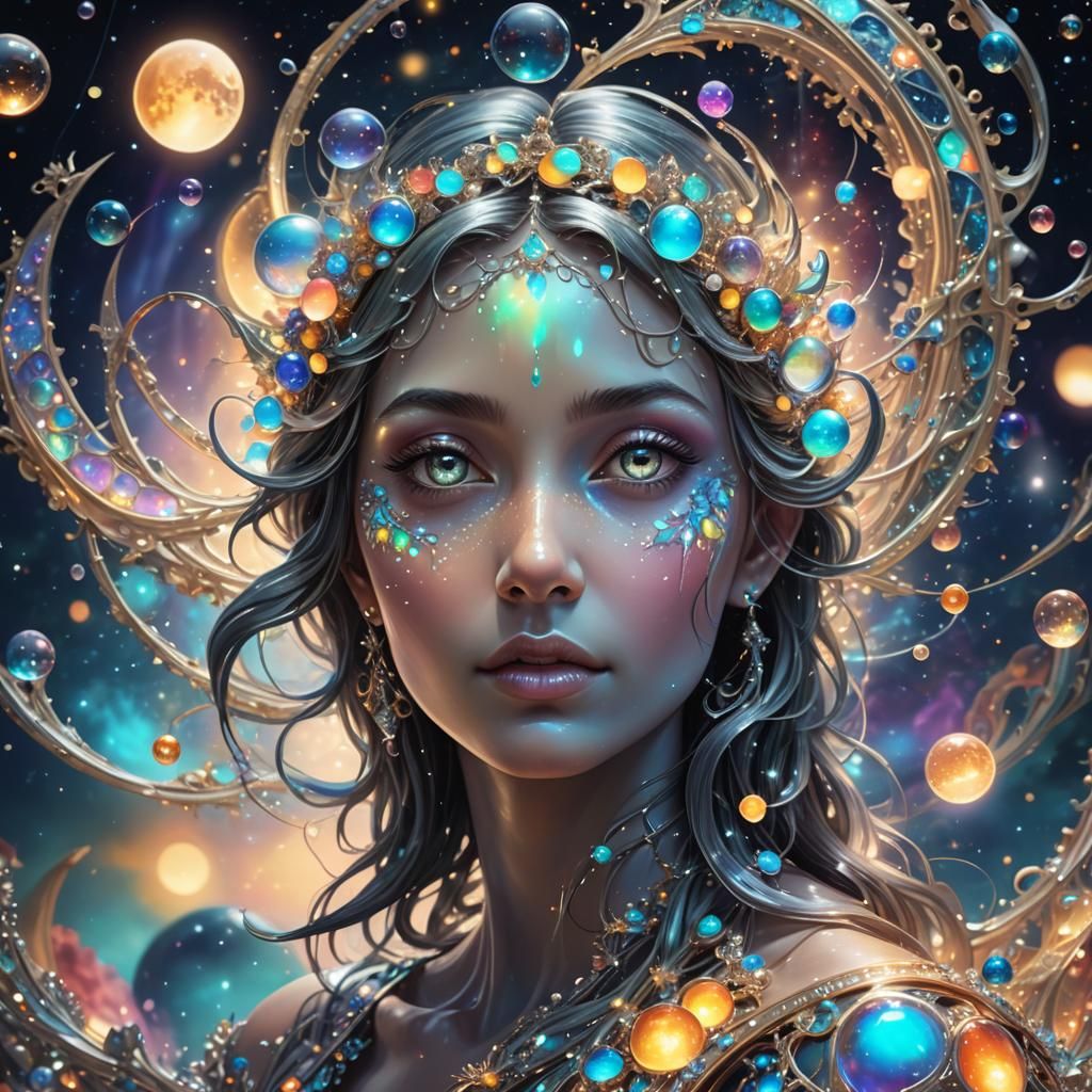 Radiant Fractal Moon and Silver Fountain in Splash Art