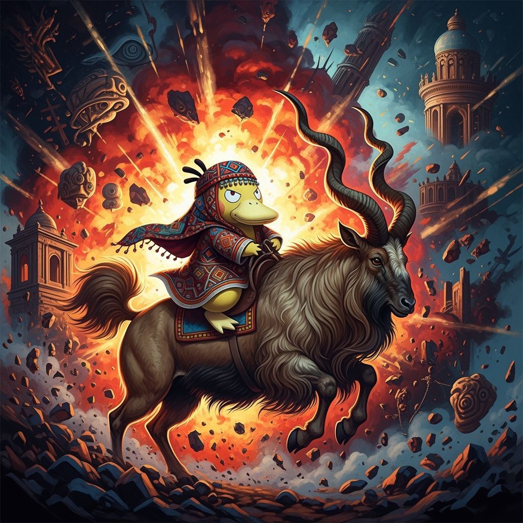 Psyduck Rides Markhor Through Explosion as Impasto Painting