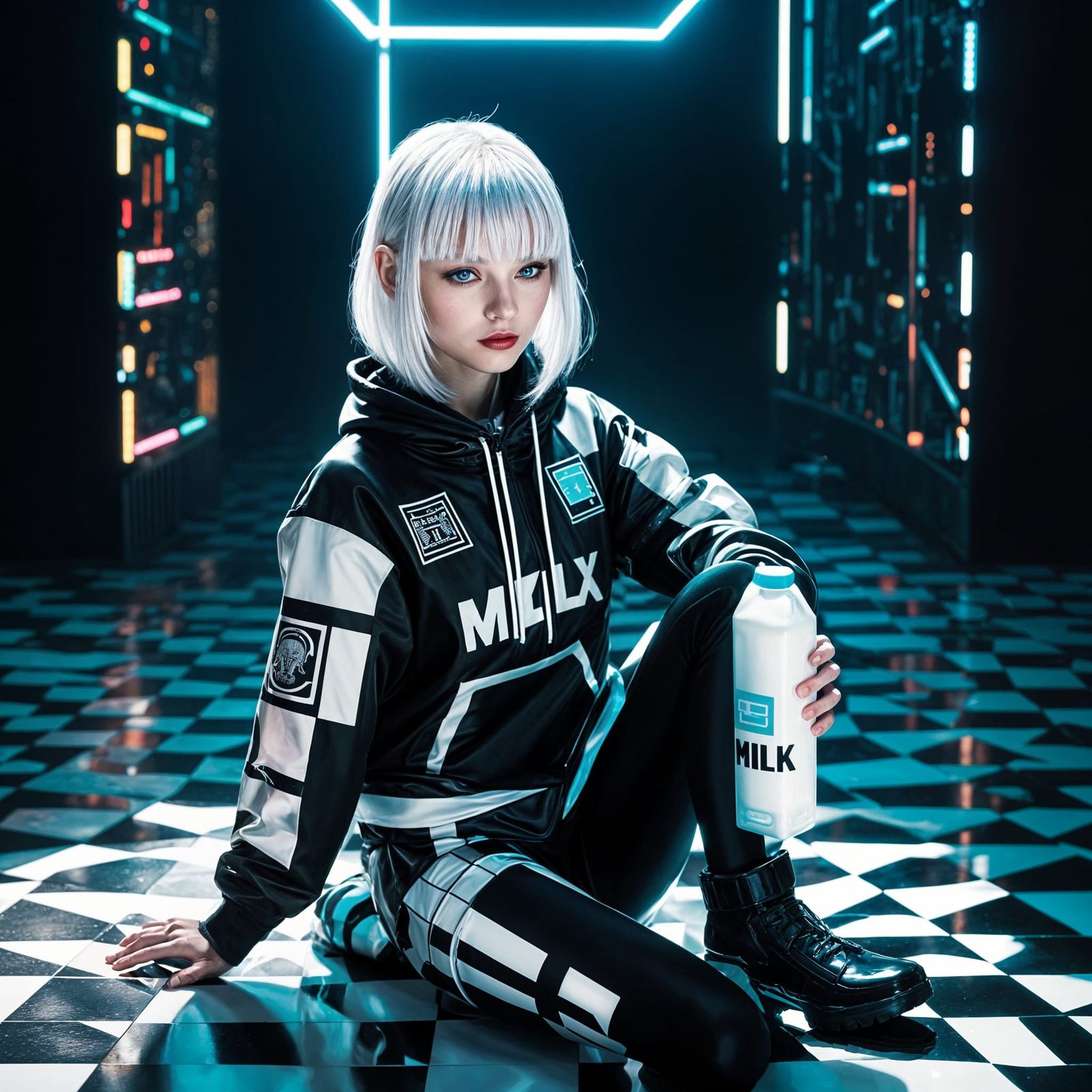 Cyberpunk Queen Drinks Milk in Dystopian Cityscape