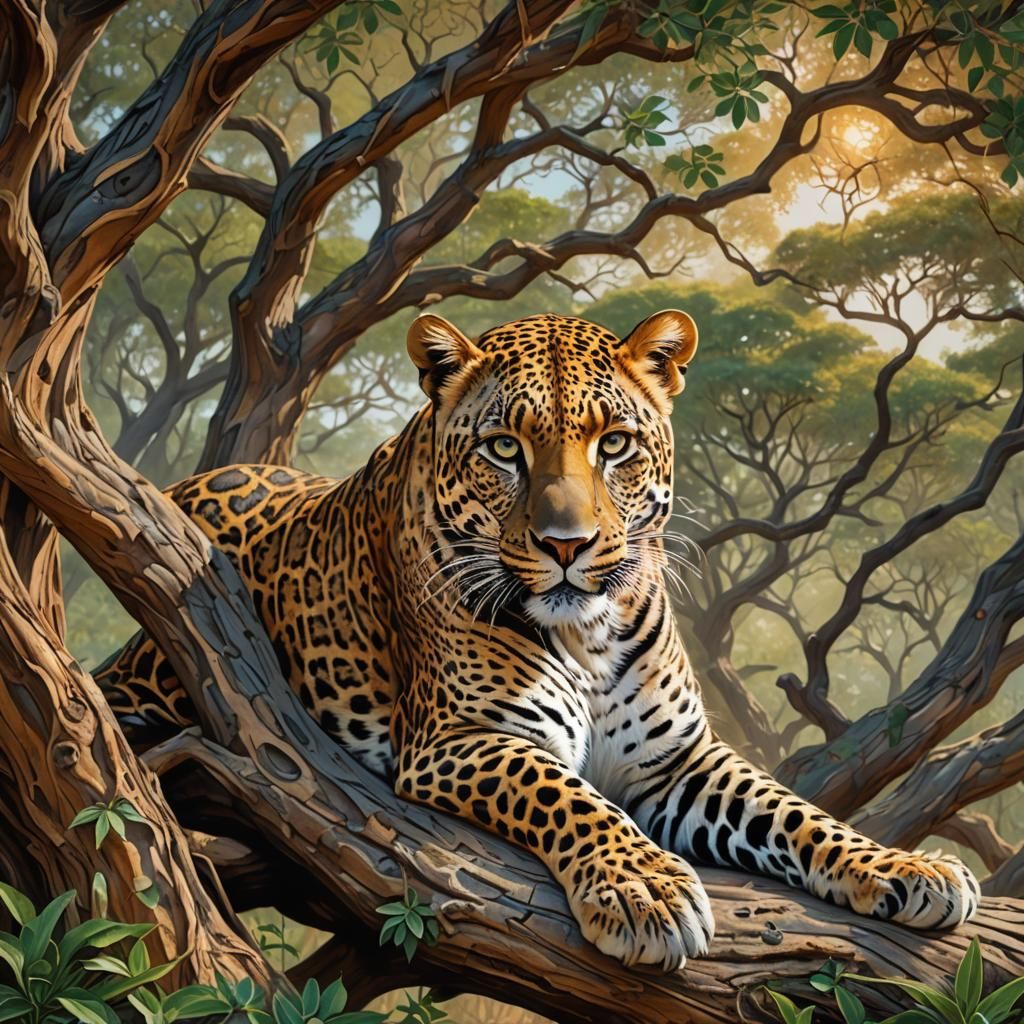 Leopard in Savanna Tree: Magical Realism