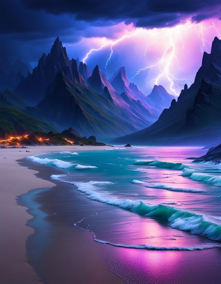 Fantasy Beach at Dusk with Lightning