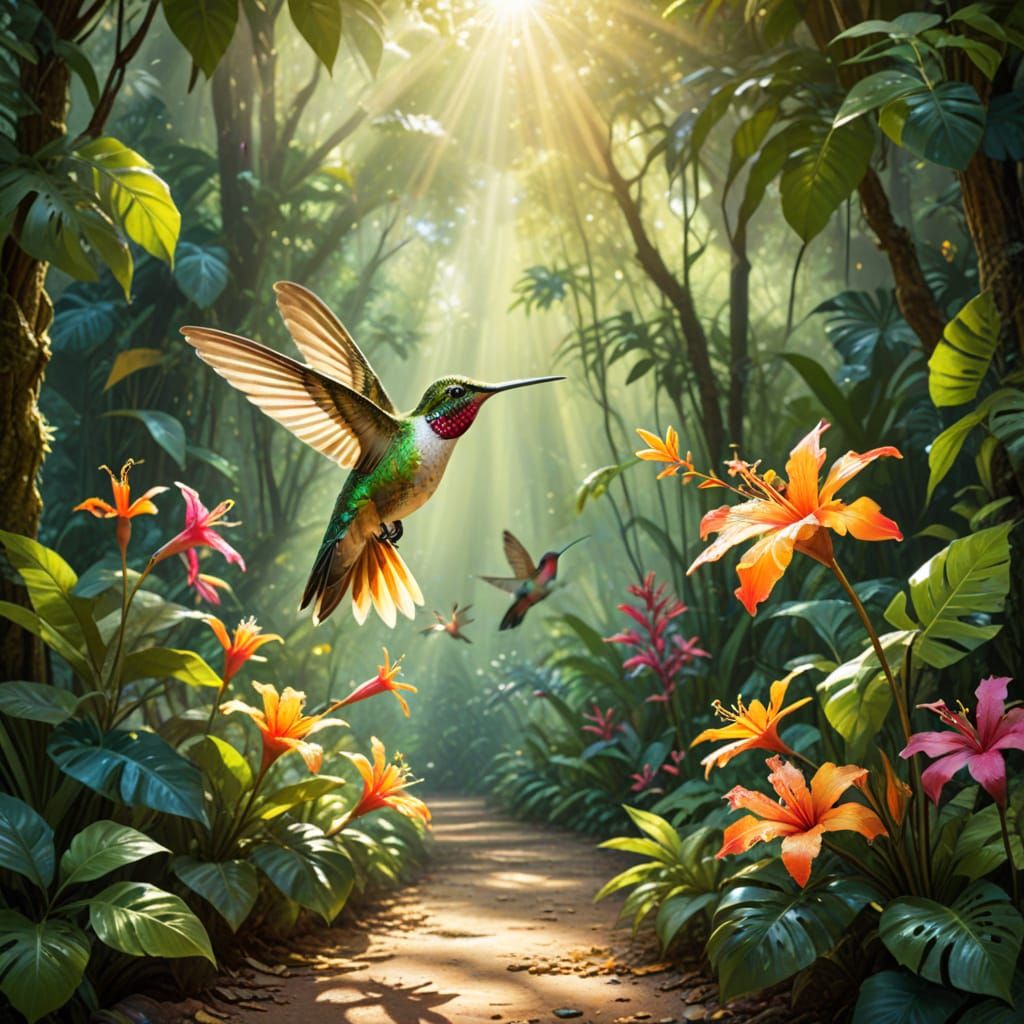 Hummingbird in a Tropical Spring Oasis