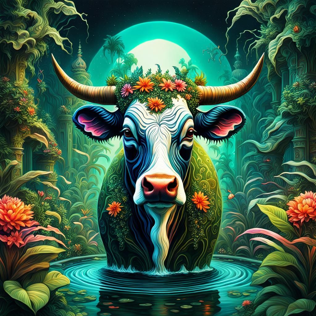 Hallucinatory Dream: Cow in Alien Jungle Water Gardens