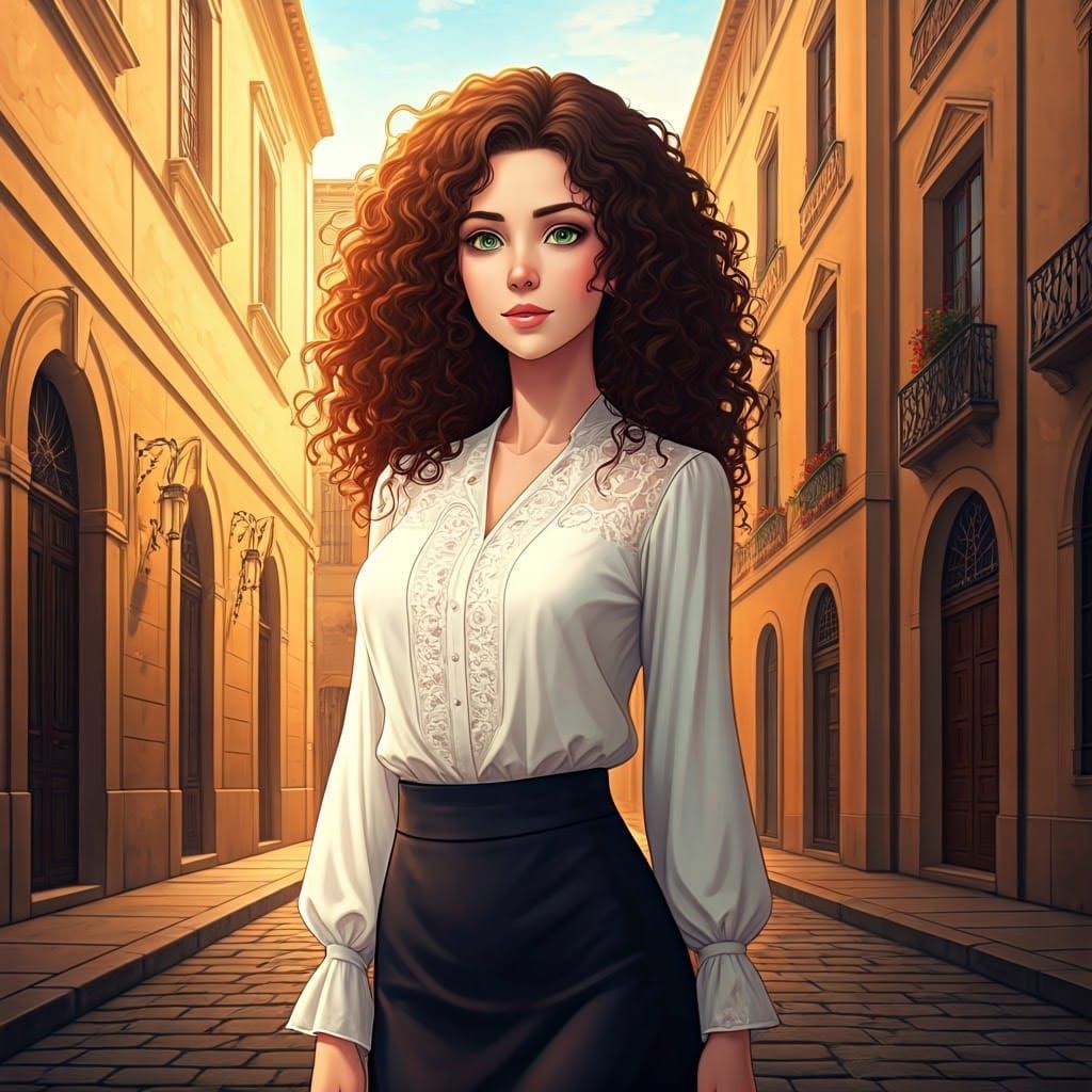 Anime Woman on Cobblestone Street