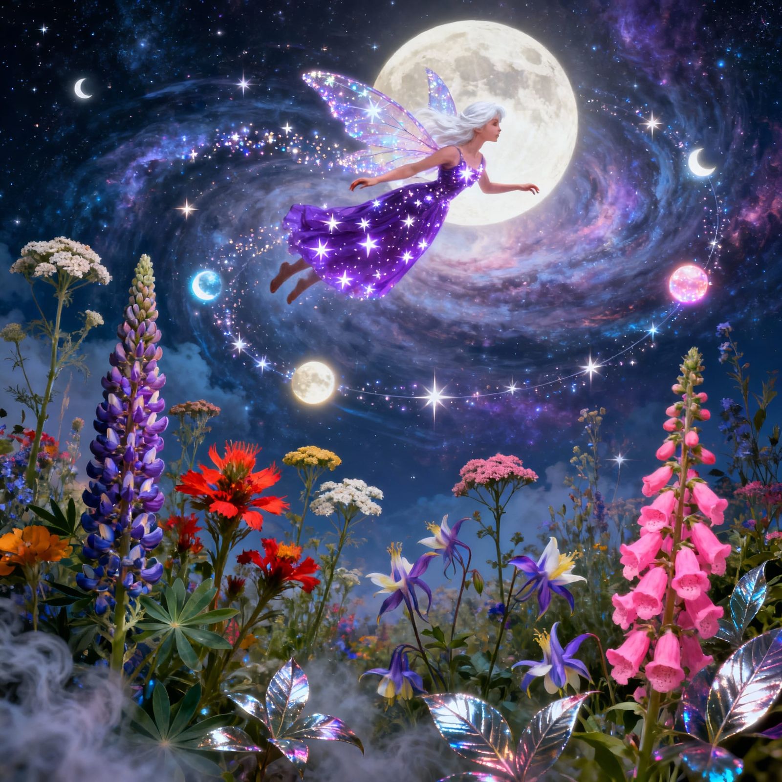 Surreal Moonlit Garden with Starlight Fairy