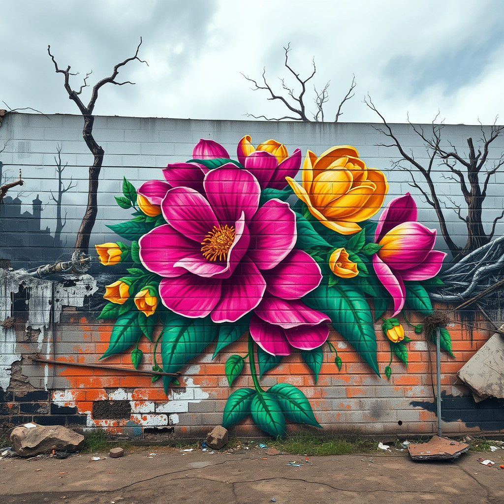 Vibrant Street Art Mural in Dystopian Cityscape