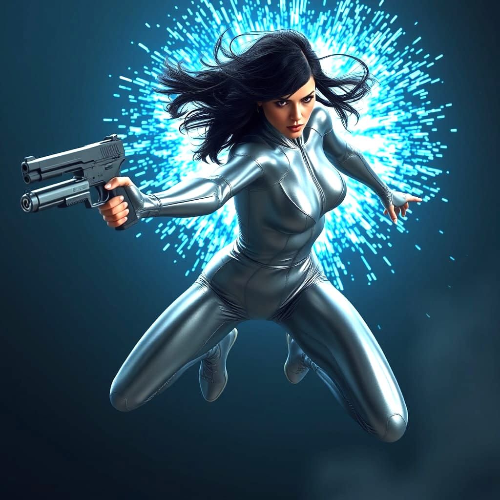 Hyperrealistic Fantasy Action Figure in Mid-Jump with Fluore...