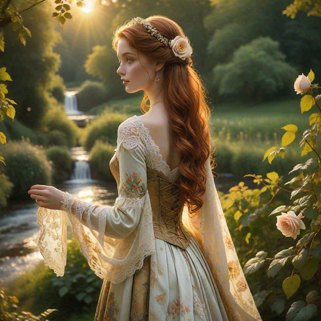 Majestic Regency Noble Maiden in Idyllic Forest Setting