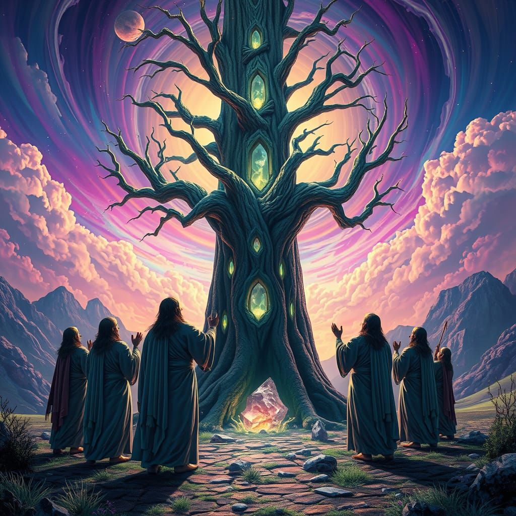 Druid Shamans Worshiping Crystalline Tree in Psychedelic Sky