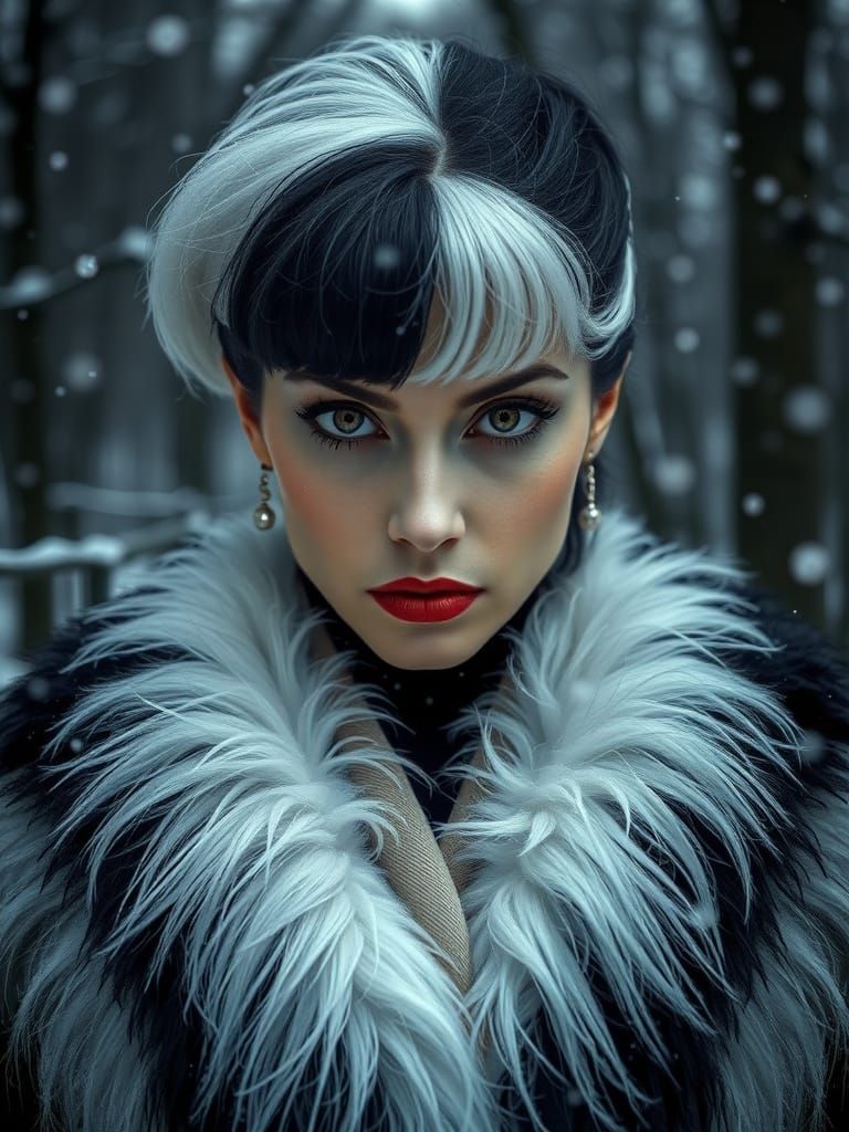 Cruella in Winter Forest, Hyperrealistic Style