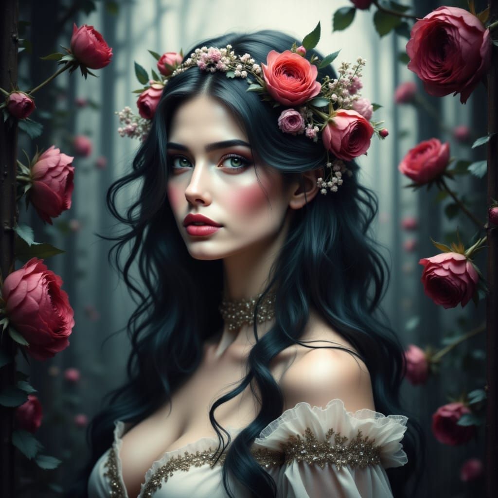 Enchanting Woman in Flower Crown Amidst Film Noir Shadows