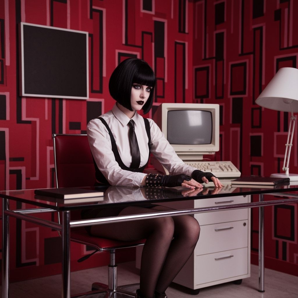 Gothic Beauty in Retro 1980s Office Setting