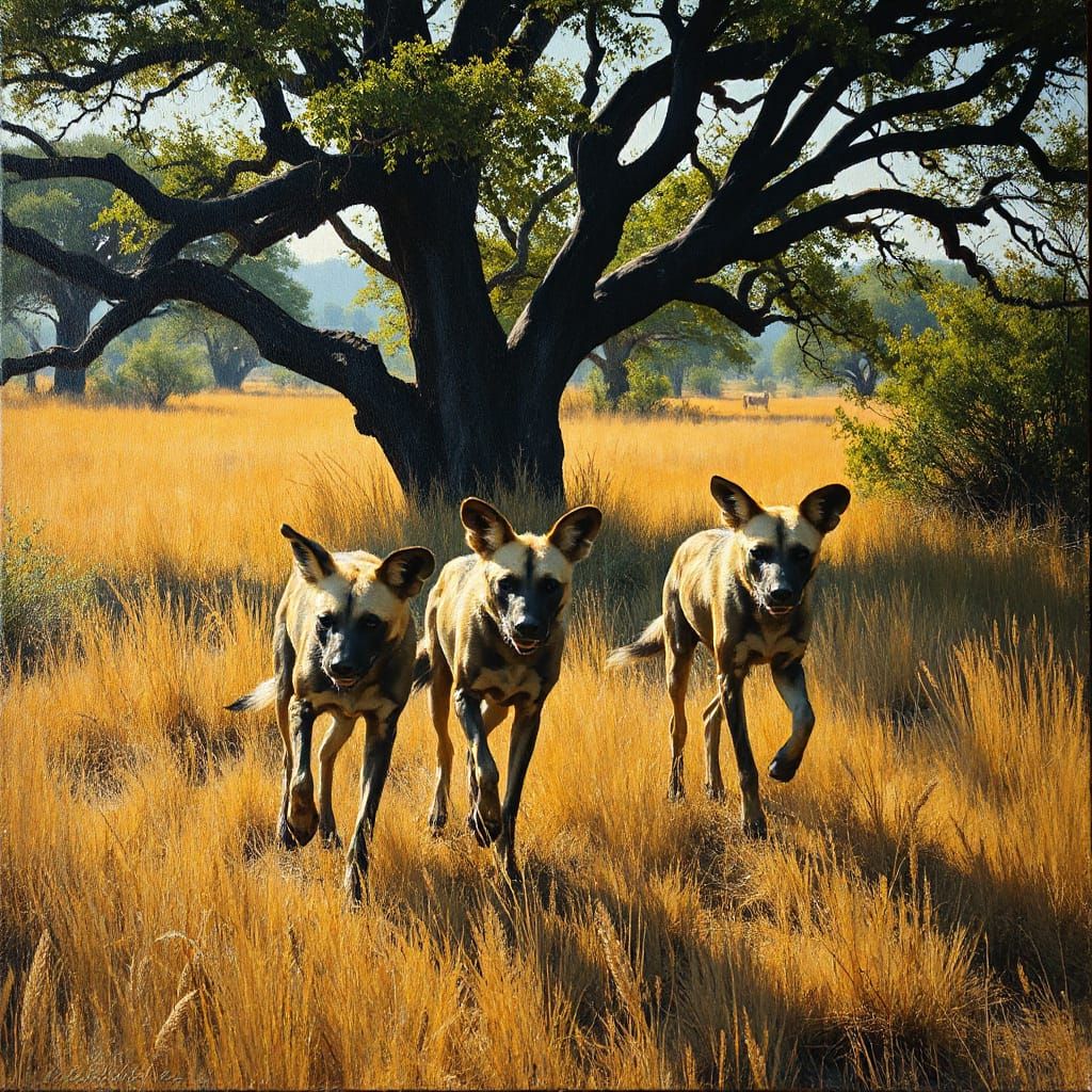 Wild African Canines Roam Savanna Woodland in Vibrant Acryli...