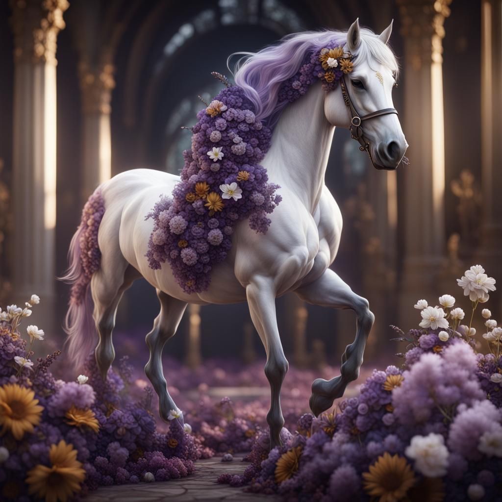 Elegant Horse and Flowers in Detailed Matte Painting