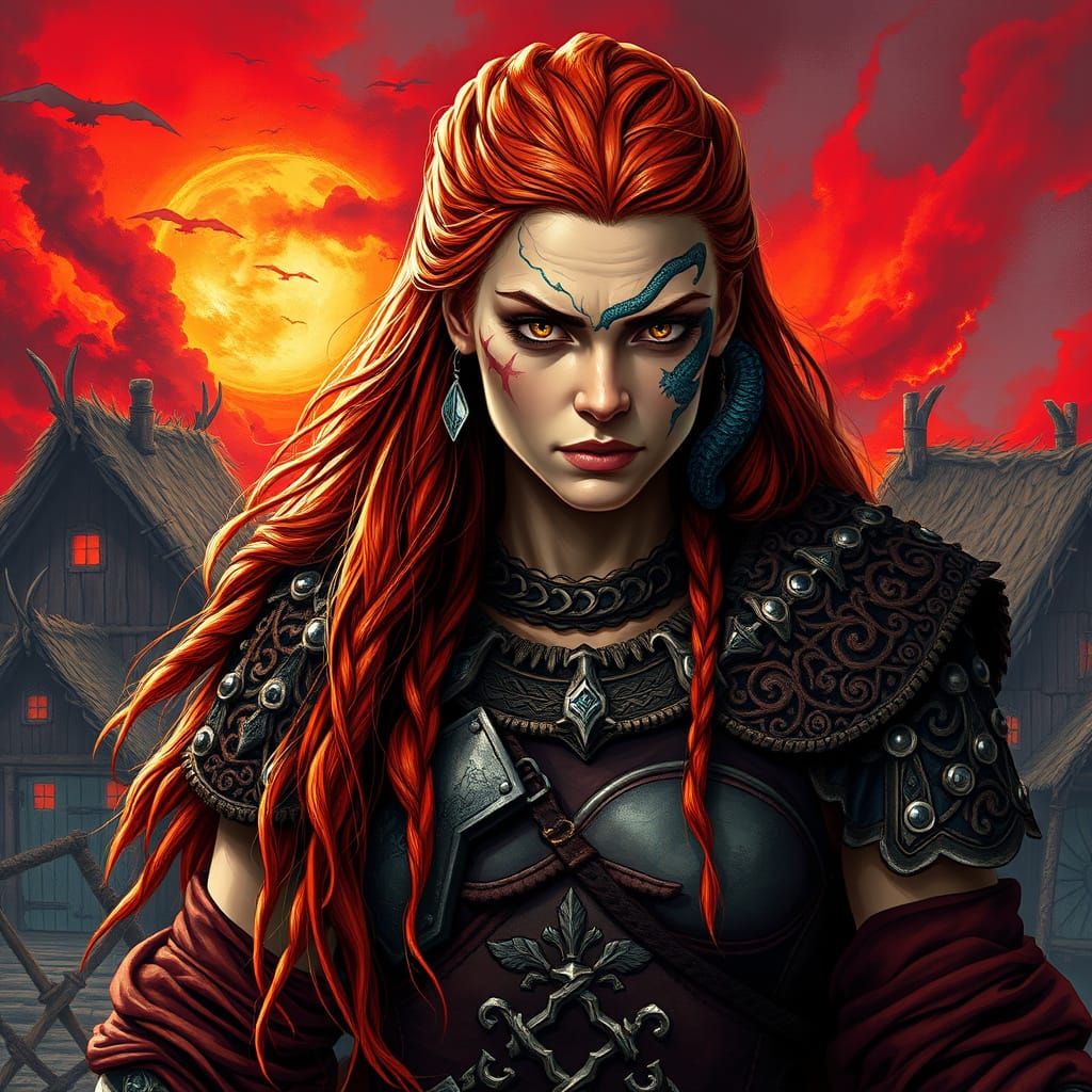 Viking Warrior Goddess in Blood-Red Sunset