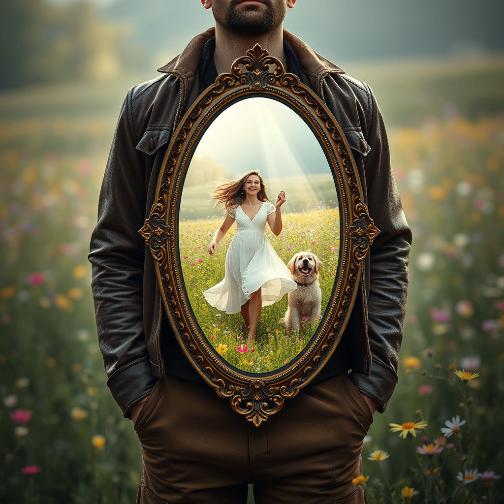 Mirror Man Reflects Meadow Dreamscape