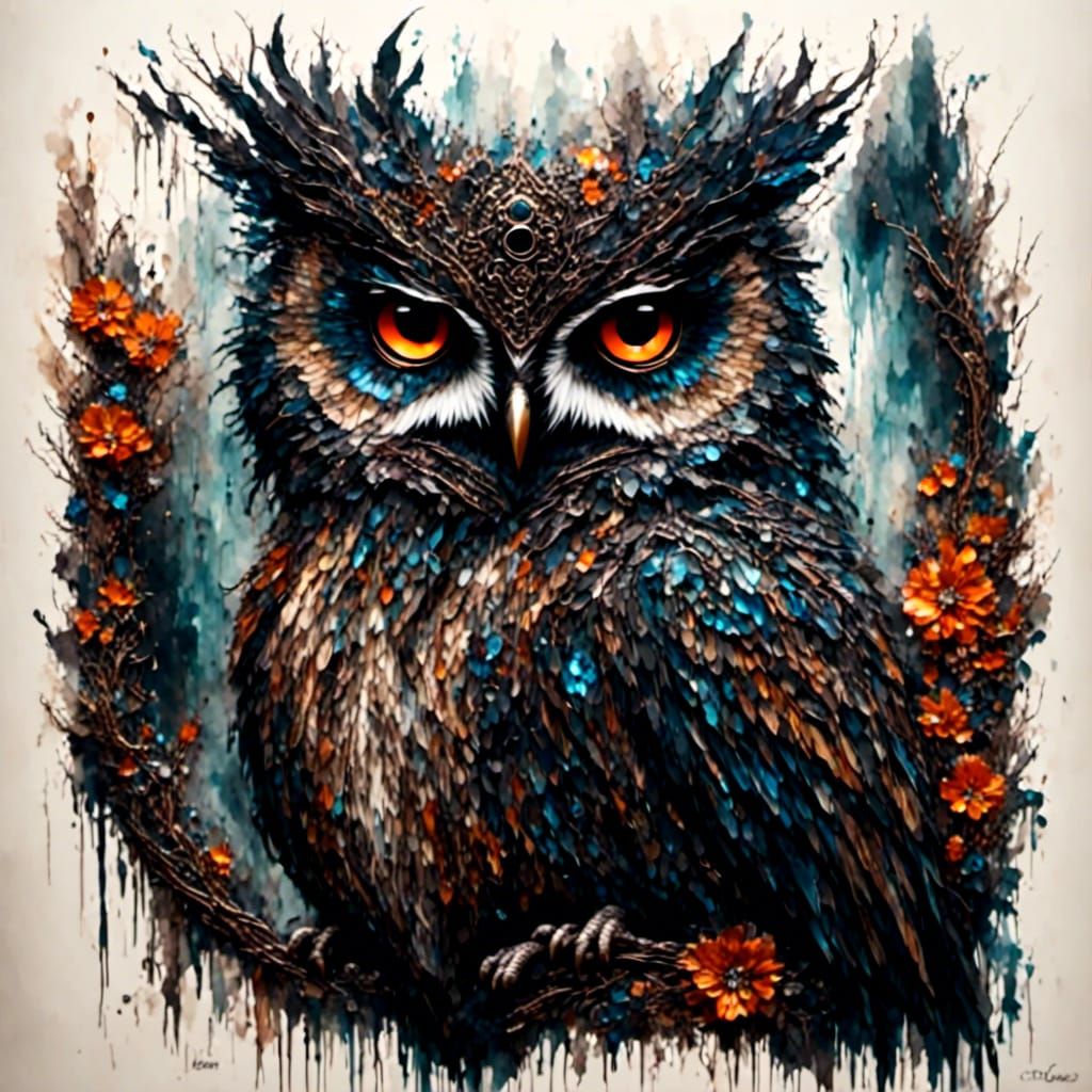 Gothic Owl in Antique Watercolor Style