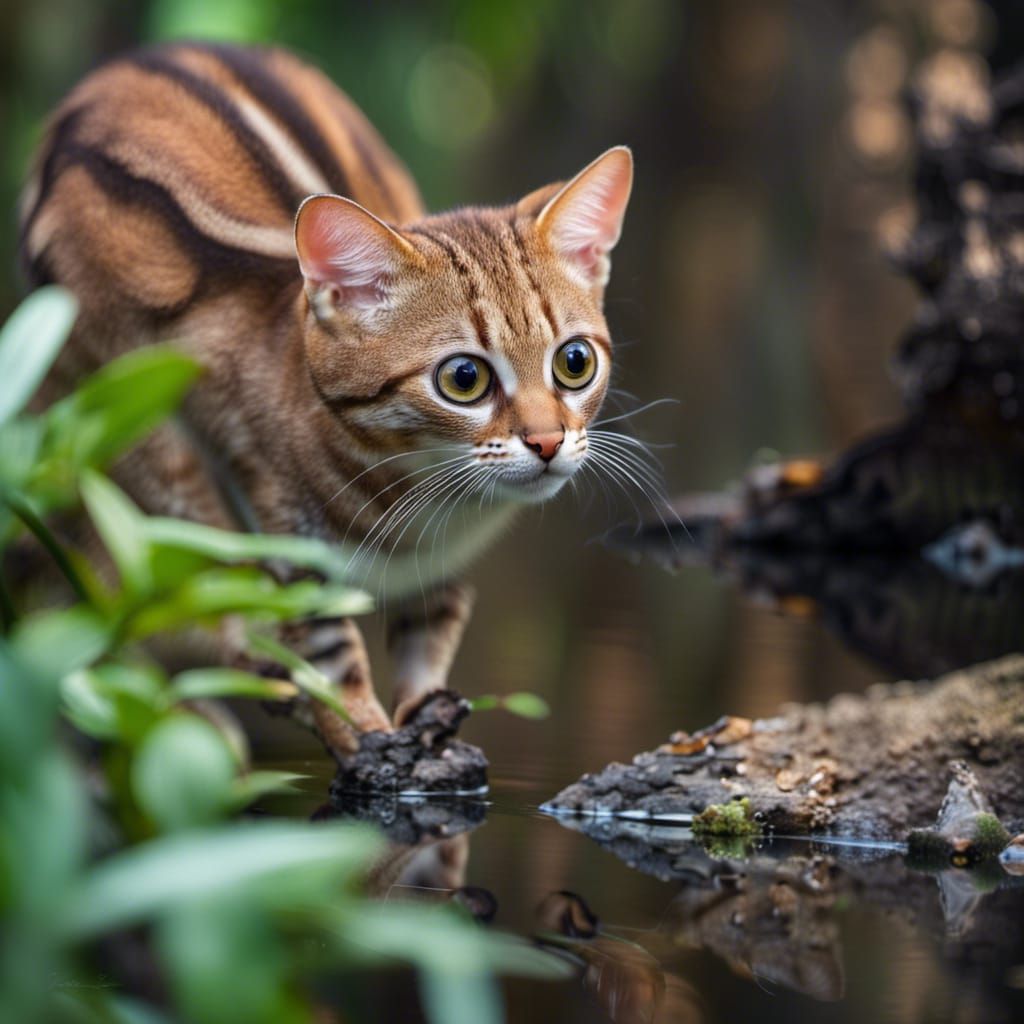Cute Rusty-Spotted Cat in Shadowy Forest