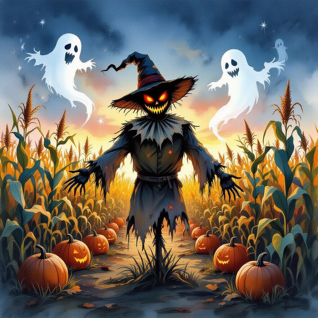 Demonic Scarecrow in Haunted Cornfield at Dusk