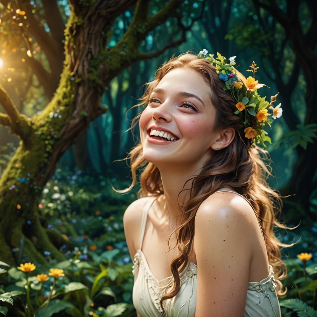 Woman Laughing in Whimsical Forest Concept Art