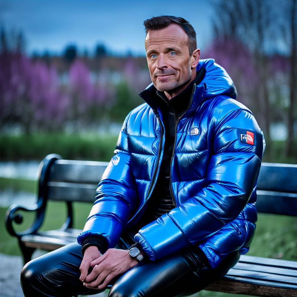 Handsome Man in Leather Trousers and Puffy Jacket