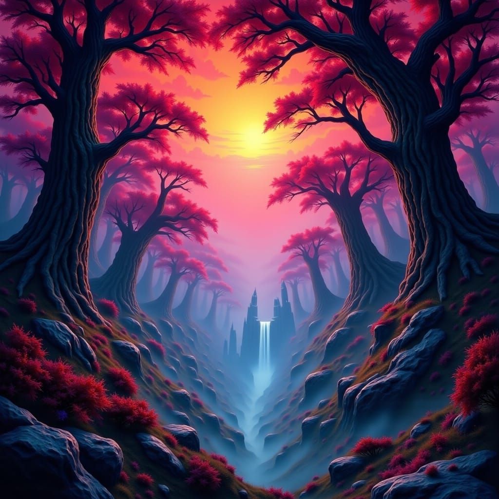 Mystical Realm with Glowing Trees and Waterfall