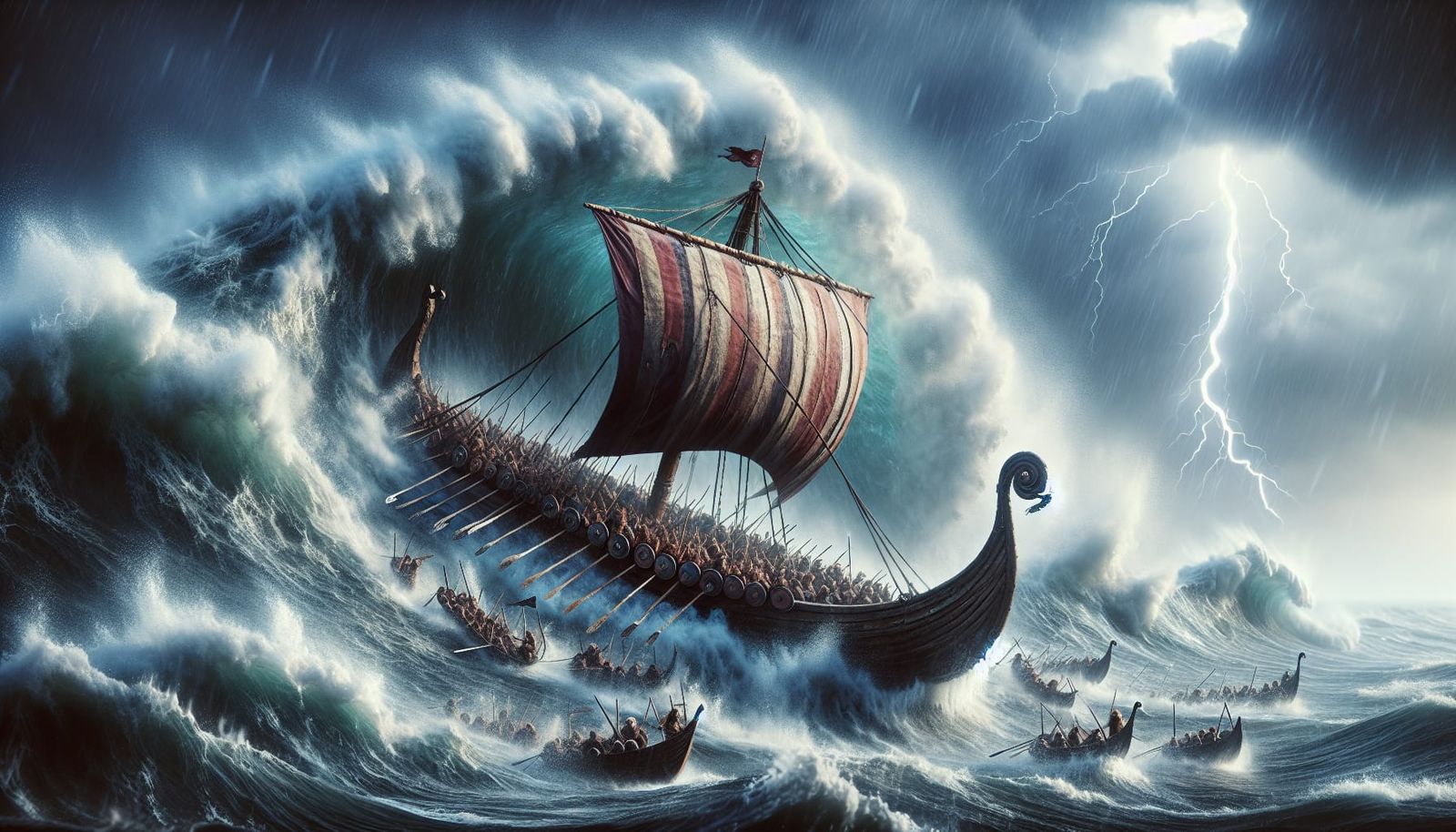 Viking Ship Amidst Stormy Seas
