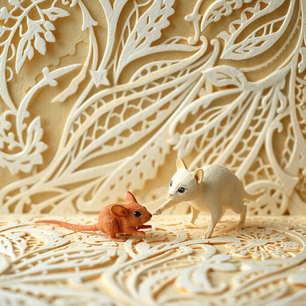Paper Cat and Mouse Play: Realism Meets Impressionism