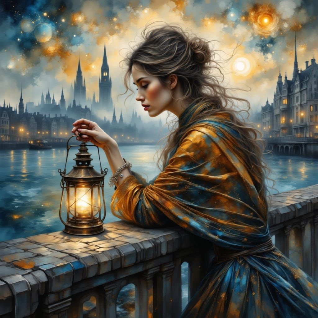 Woman with Lantern on Pier, Starry Night Style