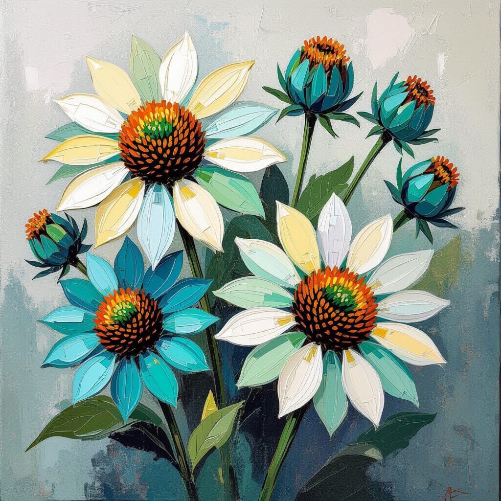 Echinacea Flowers in 3D Rendering with Impasto Brushstrokes