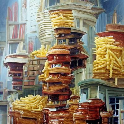 French Fry Towers and Hamburger Houses as Oil Painting
