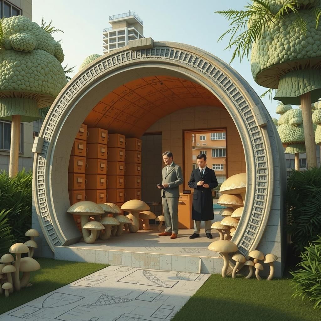 Dystopian Bureaucrats Audit Surreal Mushrooms as Linocut Pri...