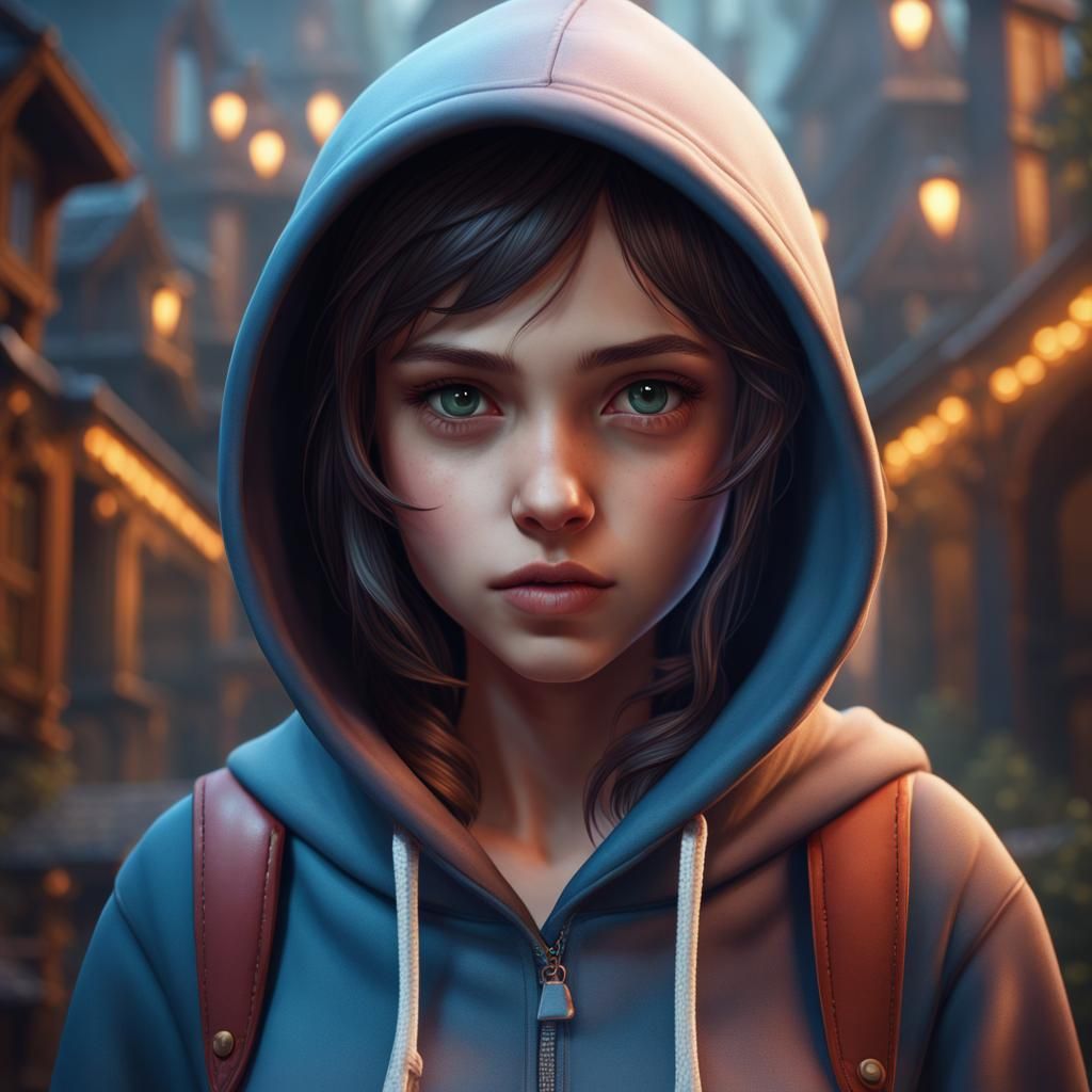 Cute Girl in Hoodie: Fantasy Concept Art