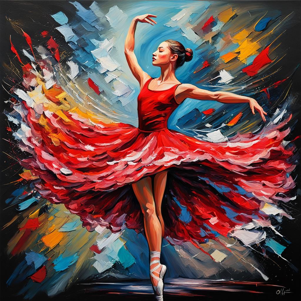 Abstract Ballet Dancer in Red Dress Oil Painting