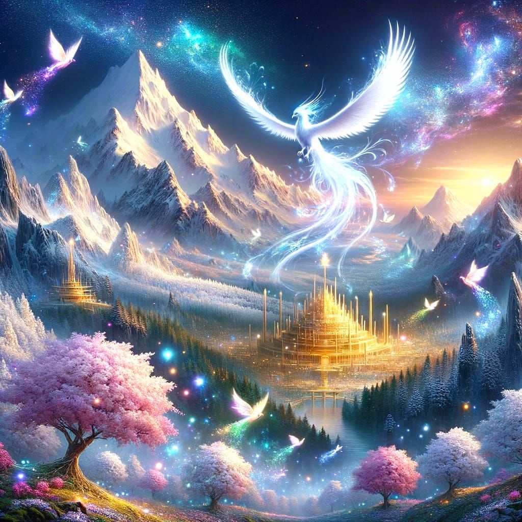 Ethereal Fantasy Realm of Iridescent Phoenixes and Elvish Te...