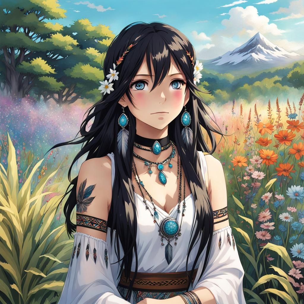 Native American Girl in Anime Style with Flower Meadow