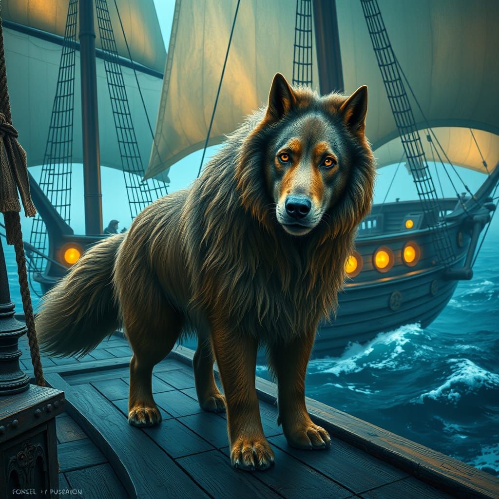Majestic Guard Dog on Mystical Sailing Ship in Fantasy Art