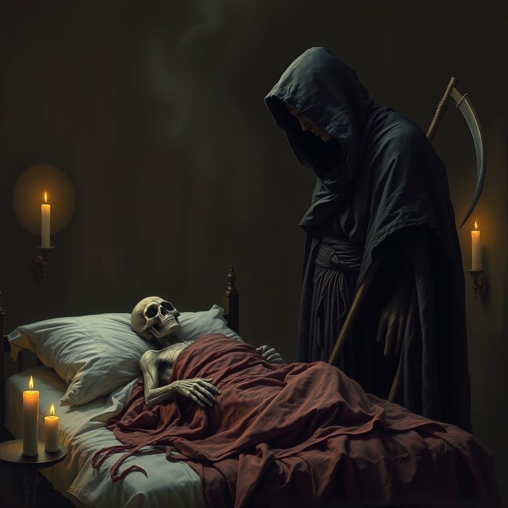 Grim Reaper standing beside a bed of dying Grim Reaper