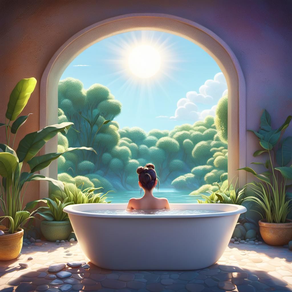 Girl in Bathtub, Sunlight, Pixar-Style 3D Art