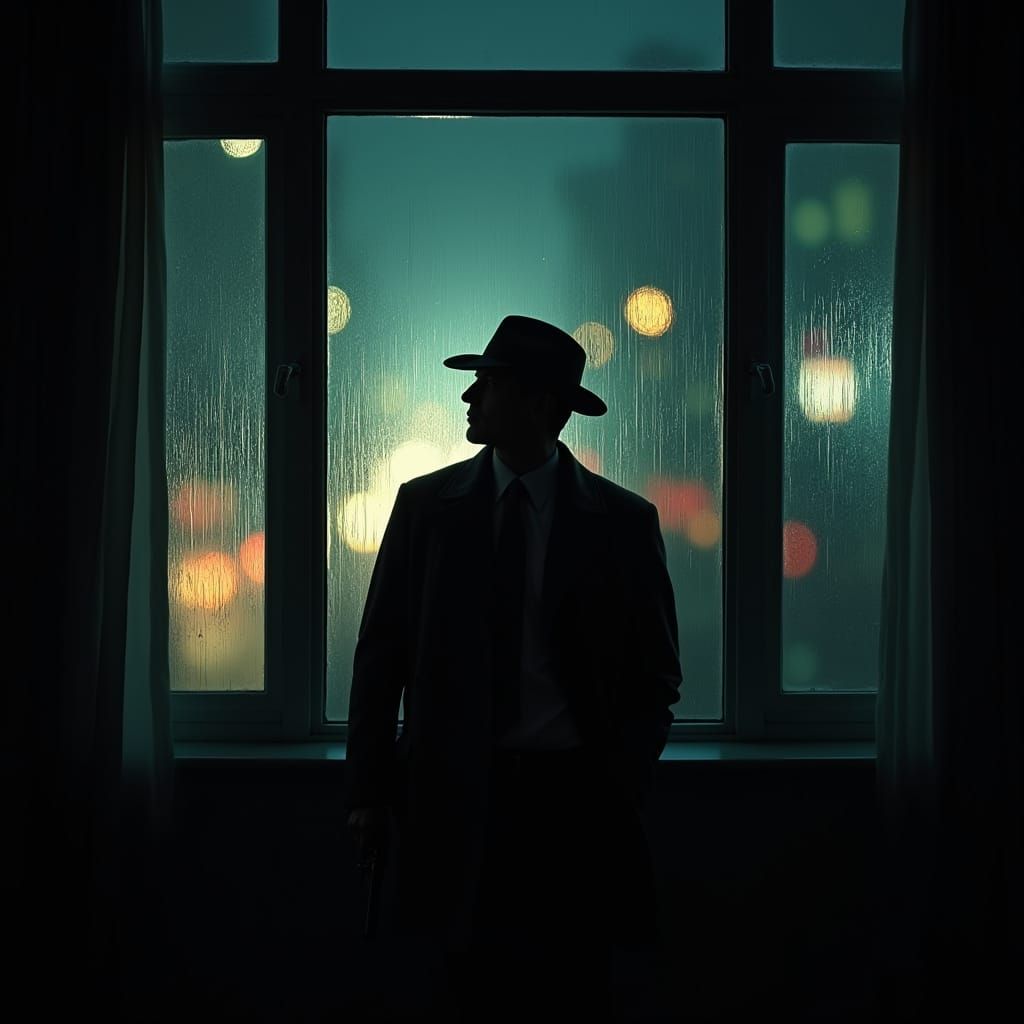 Gritty Detective in Rainy City Streets